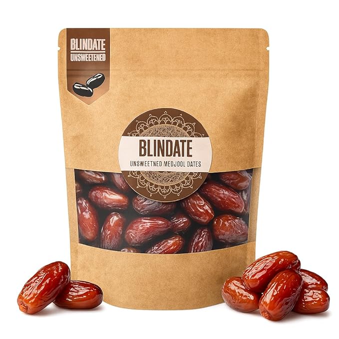 BLINDATE Organic Medjool Dates – Unsweetened, Fresh, Large, Plump & Juicy – Vegan, Non GMO, Kosher, Gluten-Free – Fiber Rich Dried Fruit Snack – 12.3 oz Resealable Bag